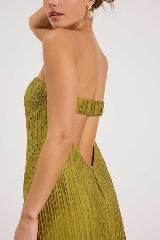 Radiant Season Olive Green Plisse Cutout Strapless Maxi Dress