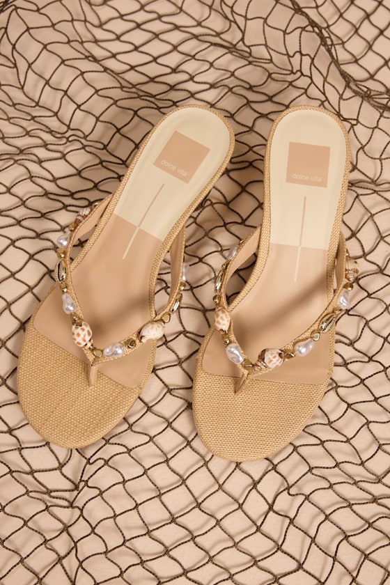 Daksie Light Natural Raffia Kitten Heel Thong Sandals