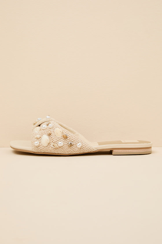 Lizza Oatmeal Raffia Beaded Slide Sandals