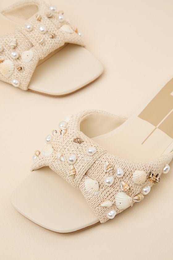 Lizza Oatmeal Raffia Beaded Slide Sandals