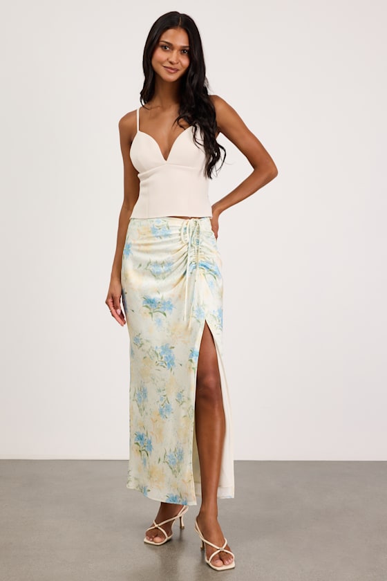 Patrice Cream Multi Floral Ruched Maxi Skirt