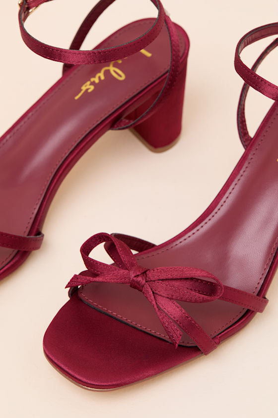 Rezzy Burgundy Satin Bow Ankle Strap High Heel Sandals