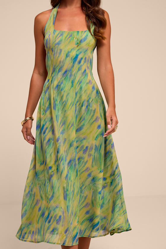 Reyes Green Multi Abstract Halter Midi Dress