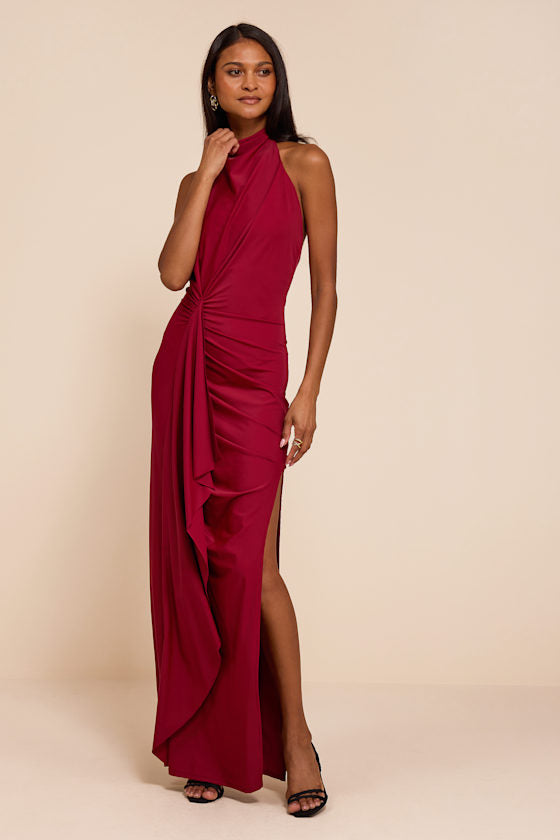 Mystras Red Slinky Knit Backless Halter Maxi Dress