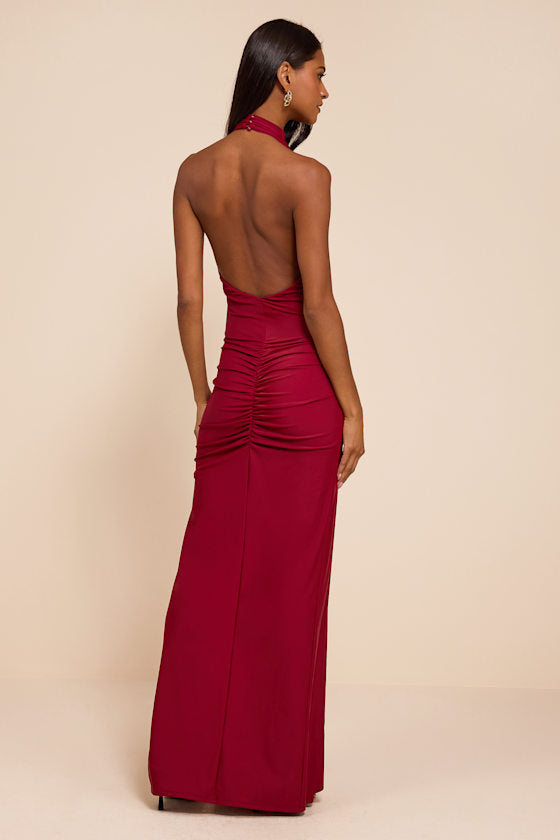 Mystras Red Slinky Knit Backless Halter Maxi Dress