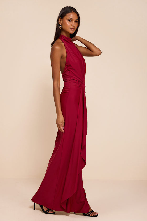 Mystras Red Slinky Knit Backless Halter Maxi Dress