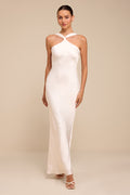 Deanira White Satin Backless Column Maxi Dress