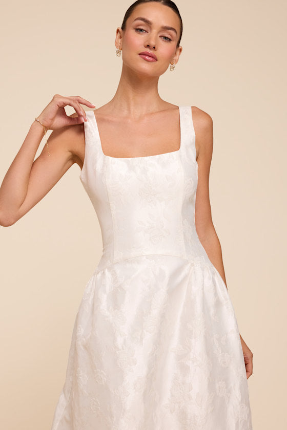 Danara White Floral Jacquard Square-Neck Maxi Dress
