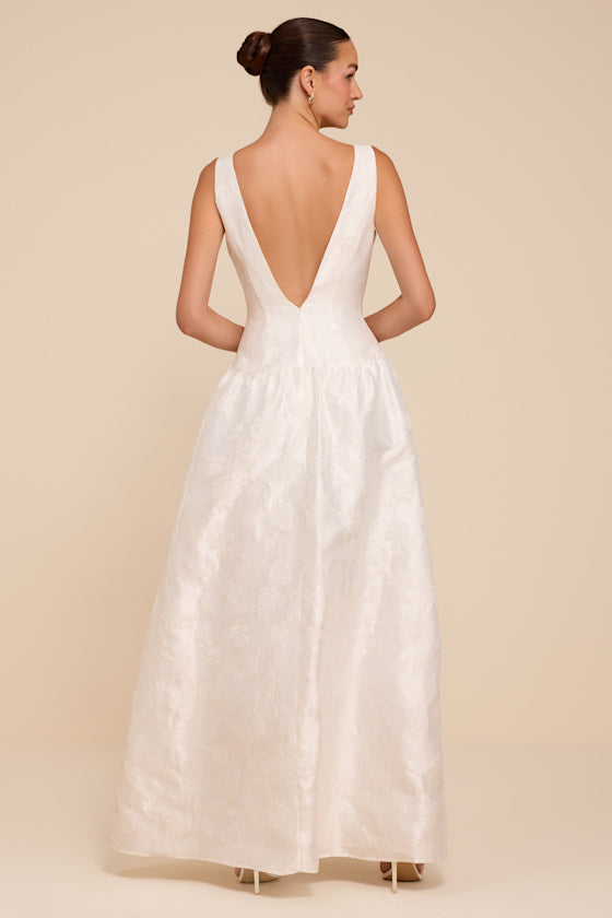 Danara White Floral Jacquard Square-Neck Maxi Dress