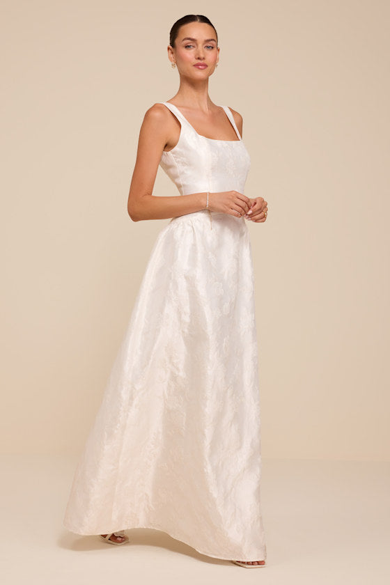 Danara White Floral Jacquard Square-Neck Maxi Dress