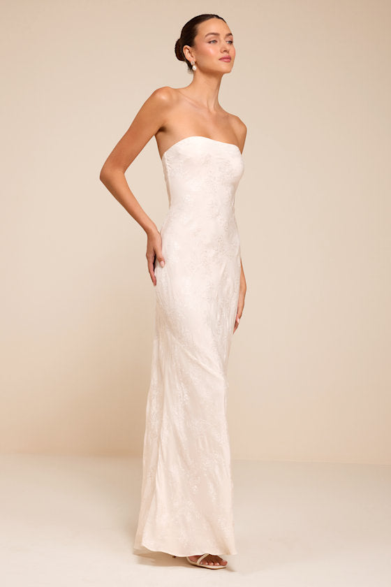 Maura White Strapless Floral Jacquard Wedding Dress