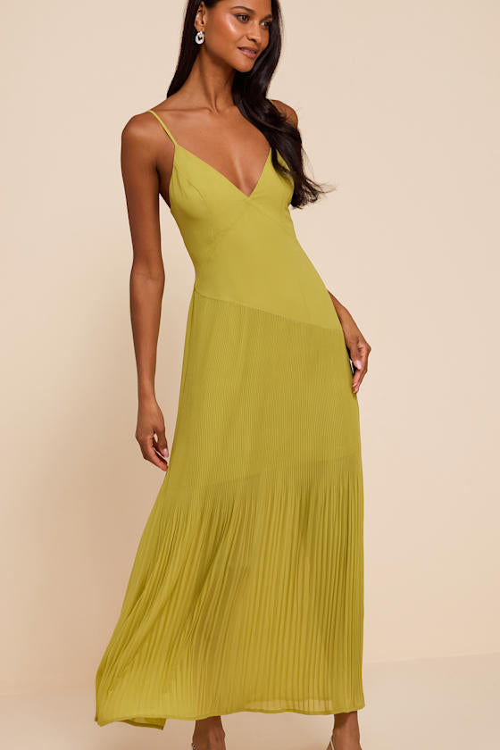 Mura Chartreuse Pleated Drop Waist Midi Dress