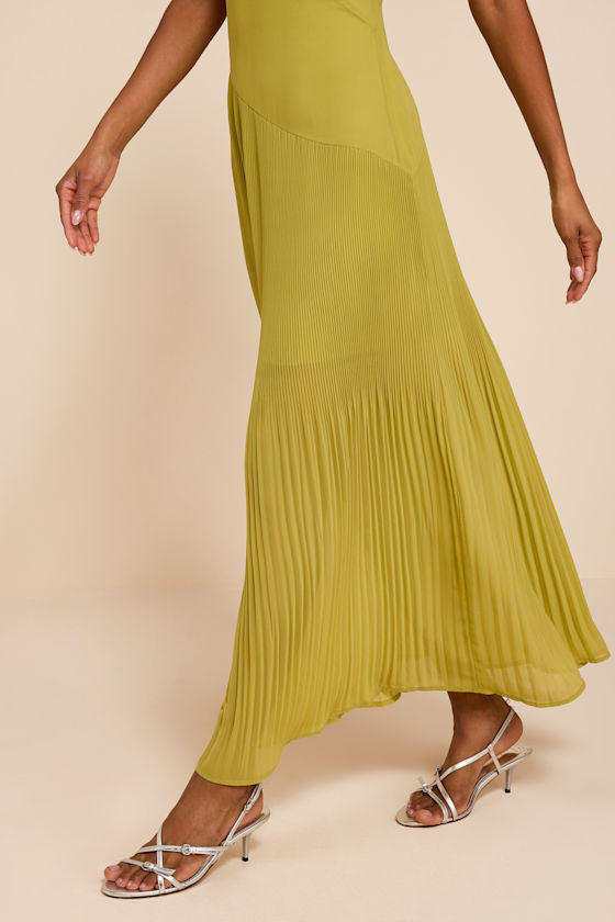 Mura Chartreuse Pleated Drop Waist Midi Dress