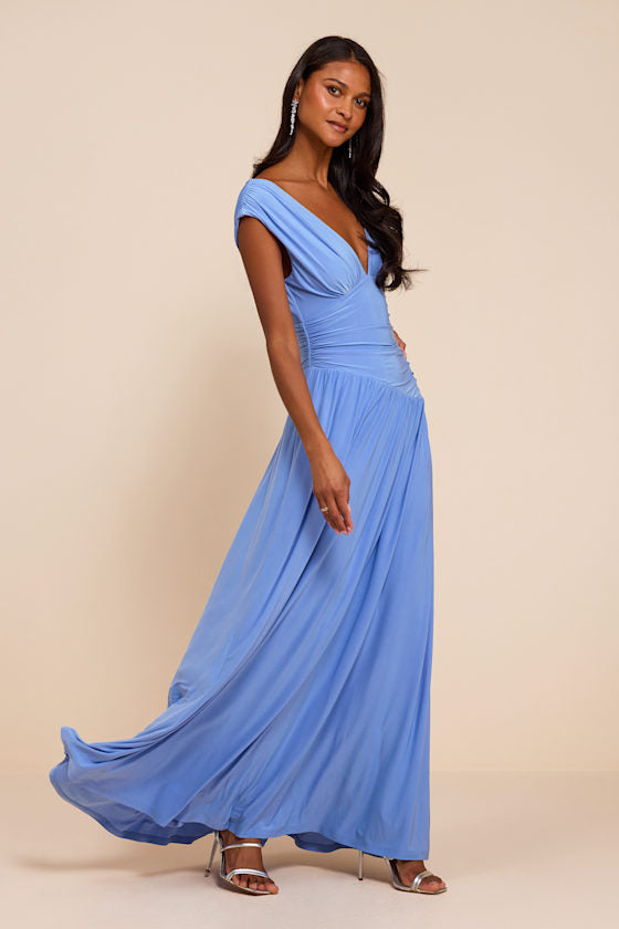 Marna Periwinkle Blue Slinky Knit Drop Waist Maxi Dress