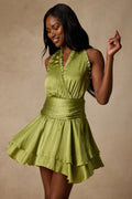 Fria Light Green Satin Halter Tiered Mini Dress