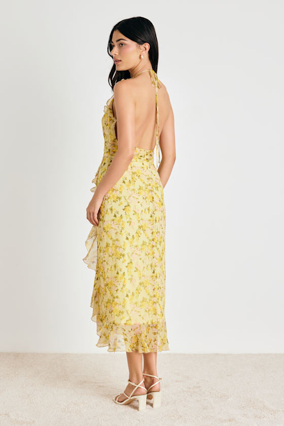 Antonia Yellow Multi Floral Backless Midi Dress
