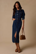 Alarie Dark Wash Denim Long Sleeve Midi Dress