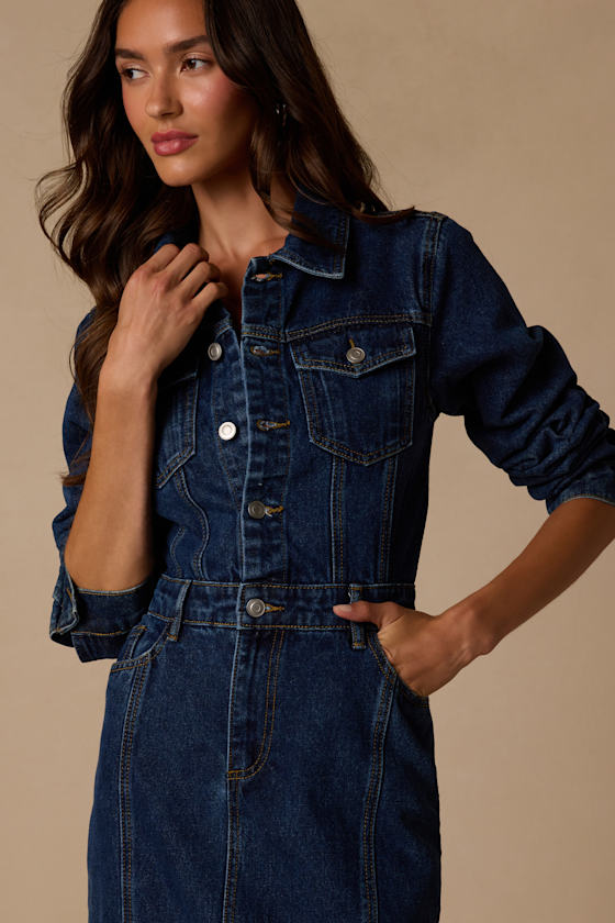 Alarie Dark Wash Denim Long Sleeve Midi Dress