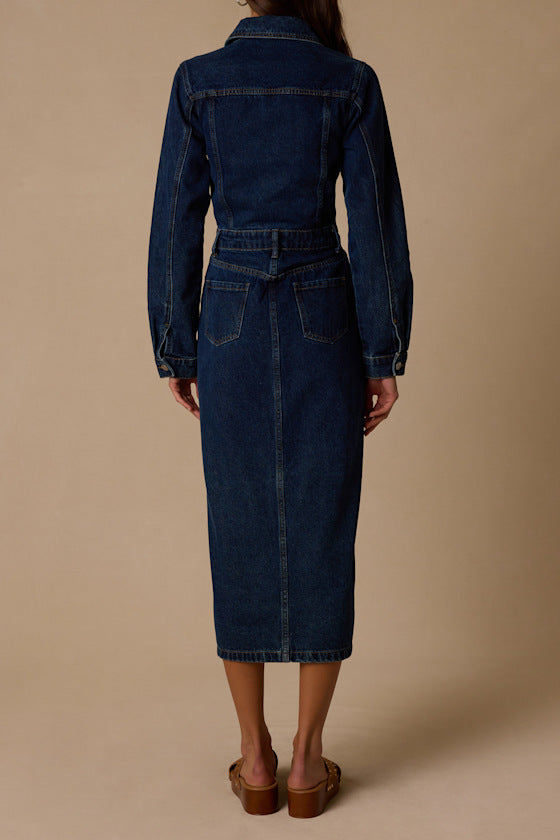 Alarie Dark Wash Denim Long Sleeve Midi Dress