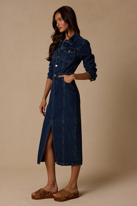 Alarie Dark Wash Denim Long Sleeve Midi Dress