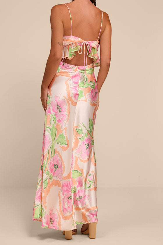 Cattina Blush Multi Floral Satin Tie-Back Maxi Dress