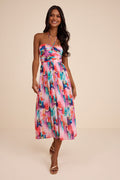 Anara Pink Multi Floral Pleated Halter Midi Dress