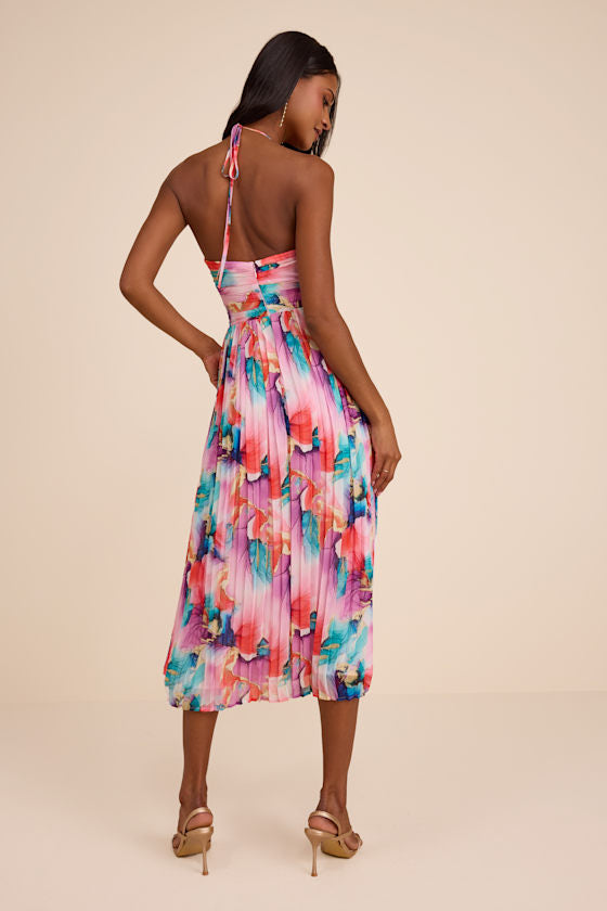 Anara Pink Multi Floral Pleated Halter Midi Dress