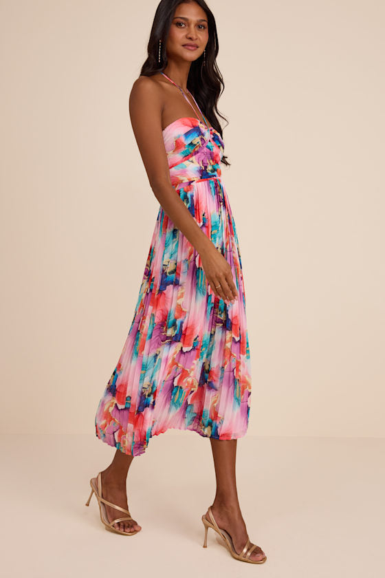 Anara Pink Multi Floral Pleated Halter Midi Dress