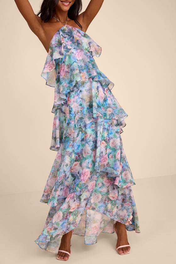 Melody Light Blue Floral Tiered Halter Maxi Dress