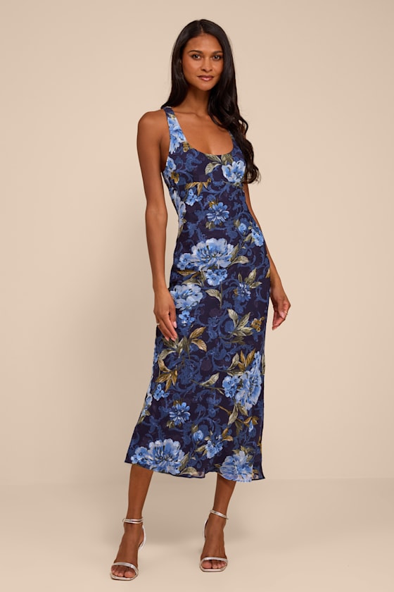 Lilia Dark Blue Floral Scoop Neck Midi Dress