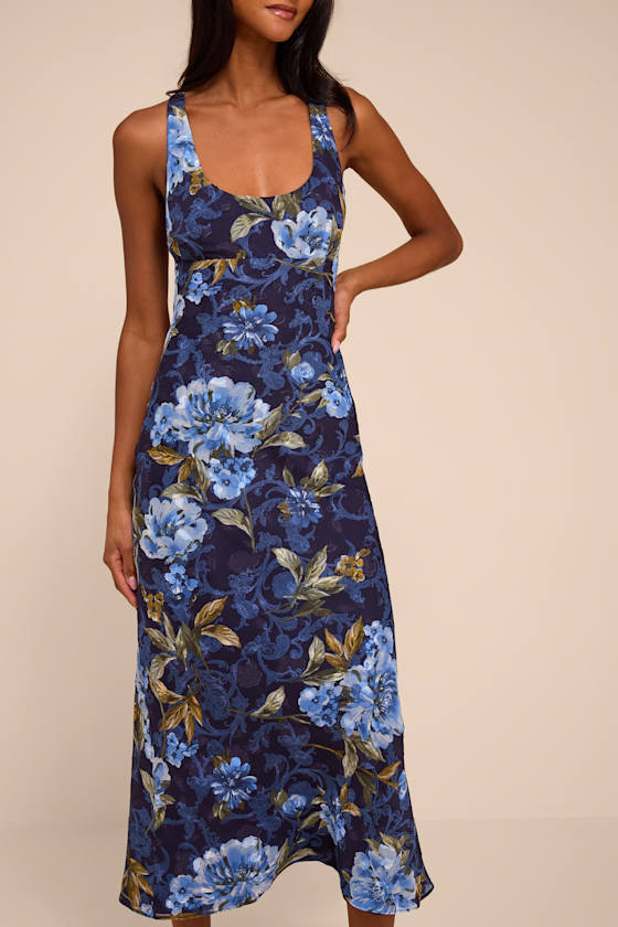 Lilia Dark Blue Floral Scoop Neck Midi Dress