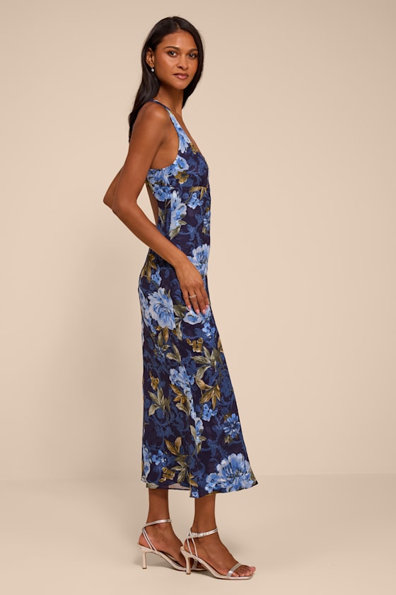 Lilia Dark Blue Floral Scoop Neck Midi Dress