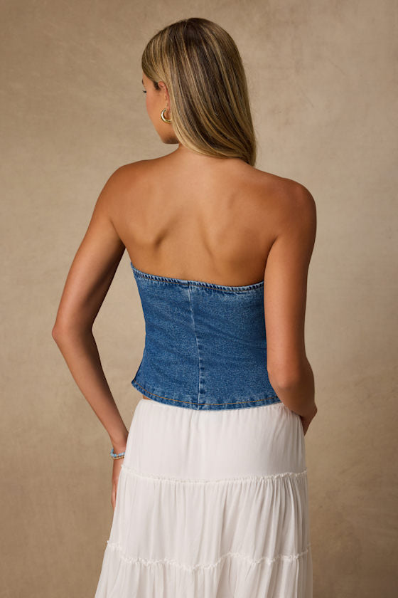 Anari Medium Wash Denim Strapless Top