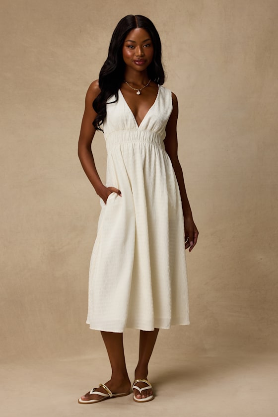 Anamaya Ivory Textured V-Neck Midi Dress