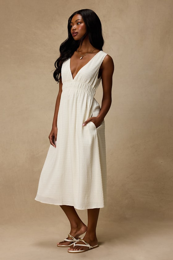 Anamaya Ivory Textured V-Neck Midi Dress
