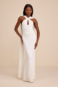 Delphina Ivory Jersey Knit Halter Sash Maxi Dress