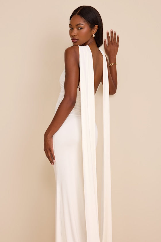 Delphina Ivory Jersey Knit Halter Sash Maxi Dress