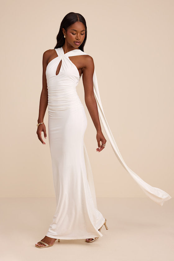 Delphina Ivory Jersey Knit Halter Sash Maxi Dress