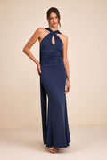 Delphina Navy Jersey Knit Halter Sash Maxi Dress