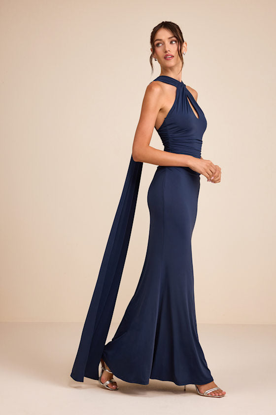 Delphina Navy Jersey Knit Halter Sash Maxi Dress