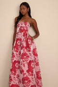 Elsa Light Pink Floral Jacquard Strapless Maxi Dress
