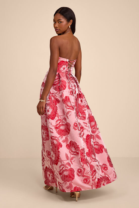 Elsa Light Pink Floral Jacquard Strapless Maxi Dress