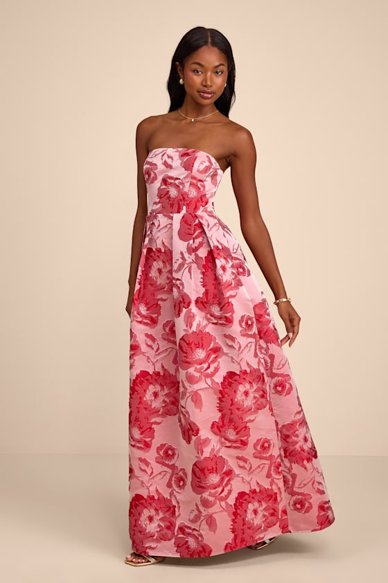 Elsa Light Pink Floral Jacquard Strapless Maxi Dress
