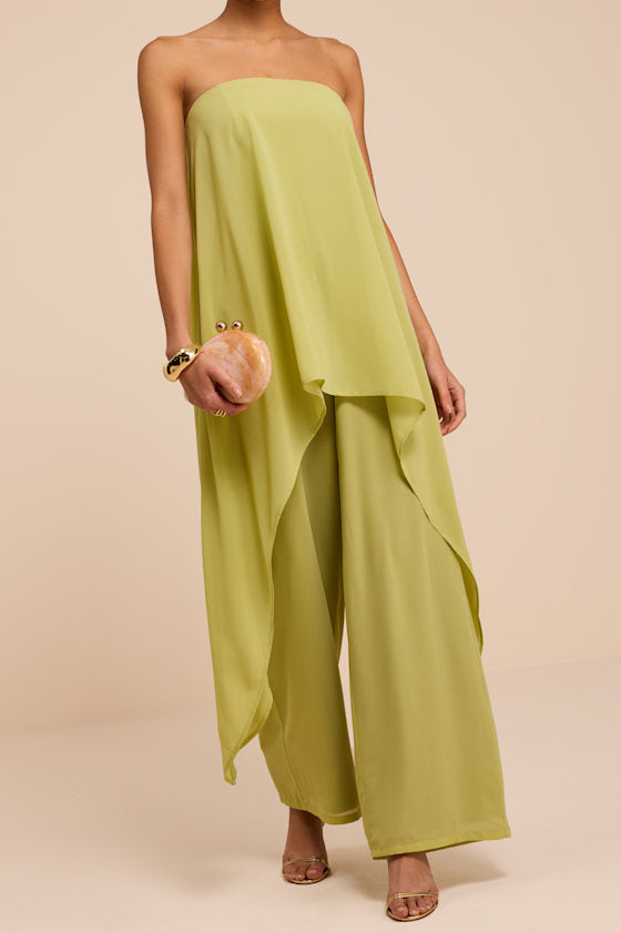 Kiko Lime Green Strapless Overlay Wide-Leg Jumpsuit