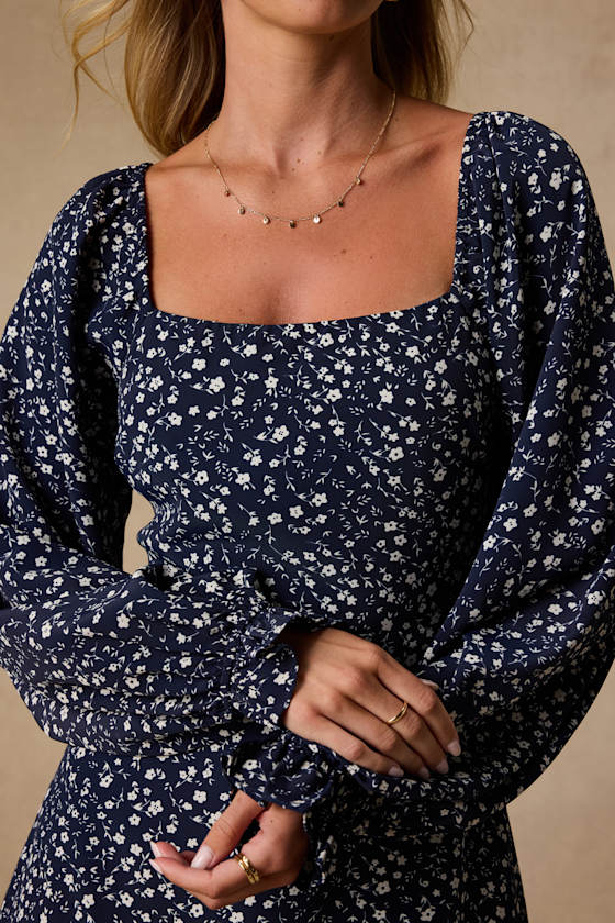 Coy Charm Navy Floral Print Long Sleeve Mini Dress