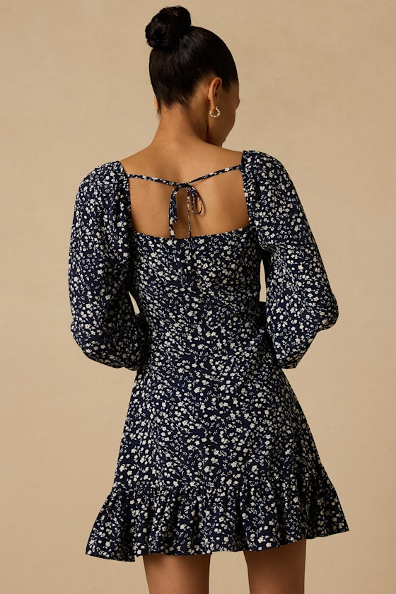 Coy Charm Navy Floral Print Long Sleeve Mini Dress