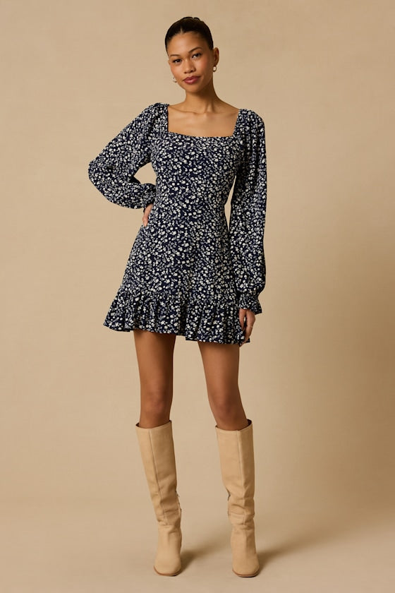 Coy Charm Navy Floral Print Long Sleeve Mini Dress
