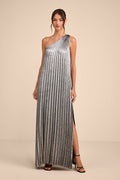Mara Silver Metallic Pleated One-Shoulder Maxi Dress
