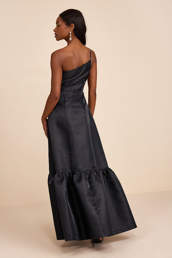 Coco Black Taffeta One-Shoulder Maxi Dress