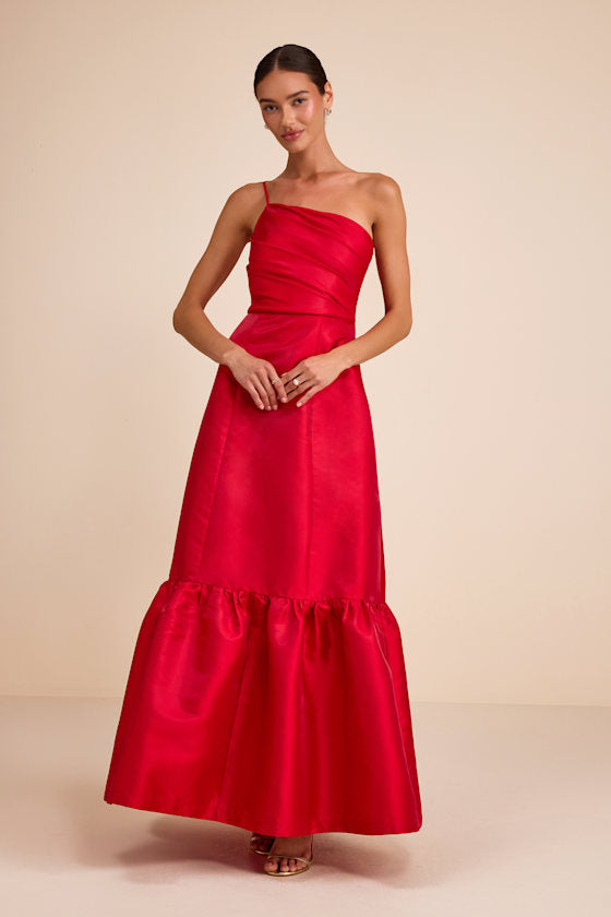 Coco Red Taffeta One-Shoulder Maxi Dress